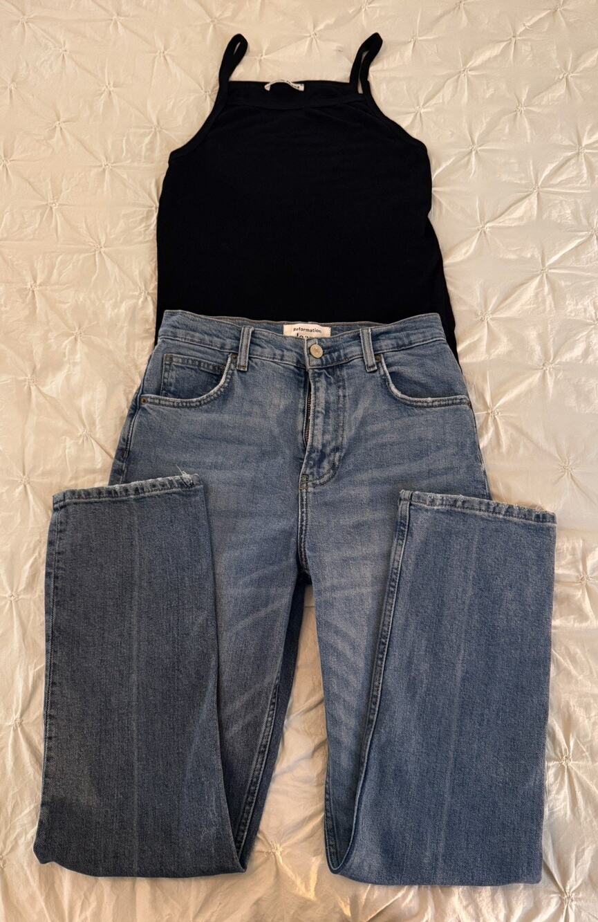 Reformation Liza Ultra High Rise Slim Straight Jeans Sz 27 Malta Blue Wash/Top S